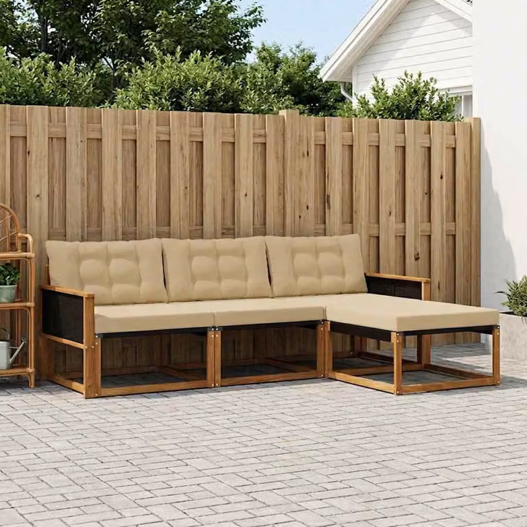 Set di divani da esterno vidaXL a forma di L in legno di acacia con pouf e cuscini, Beige e Marrone