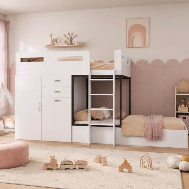 Letto a castello multifunzionale con scrivania estraibile; armadio e 2 cassetti; MDF; 90x200 cm; bianco e nero