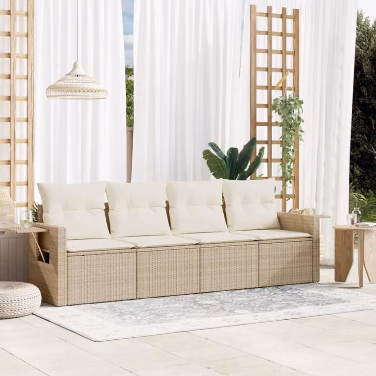 vidaXL Set Divano da Giardino 4 pz in Polyrattan con Cuscini Beige e Tavolino da Esterno
