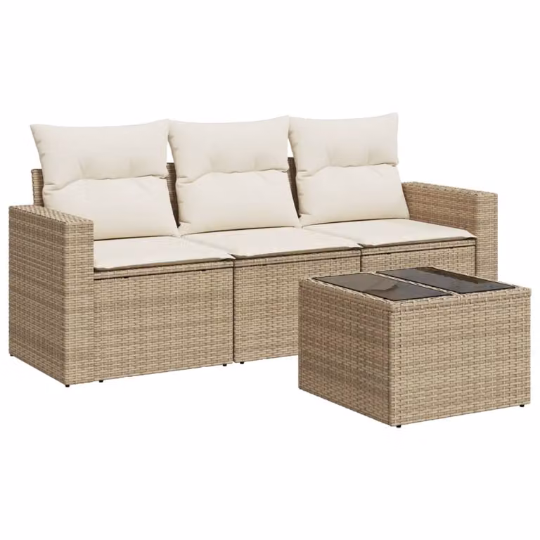Set Divano da Giardino 4 pz con Cuscini Beige in Polyrattan