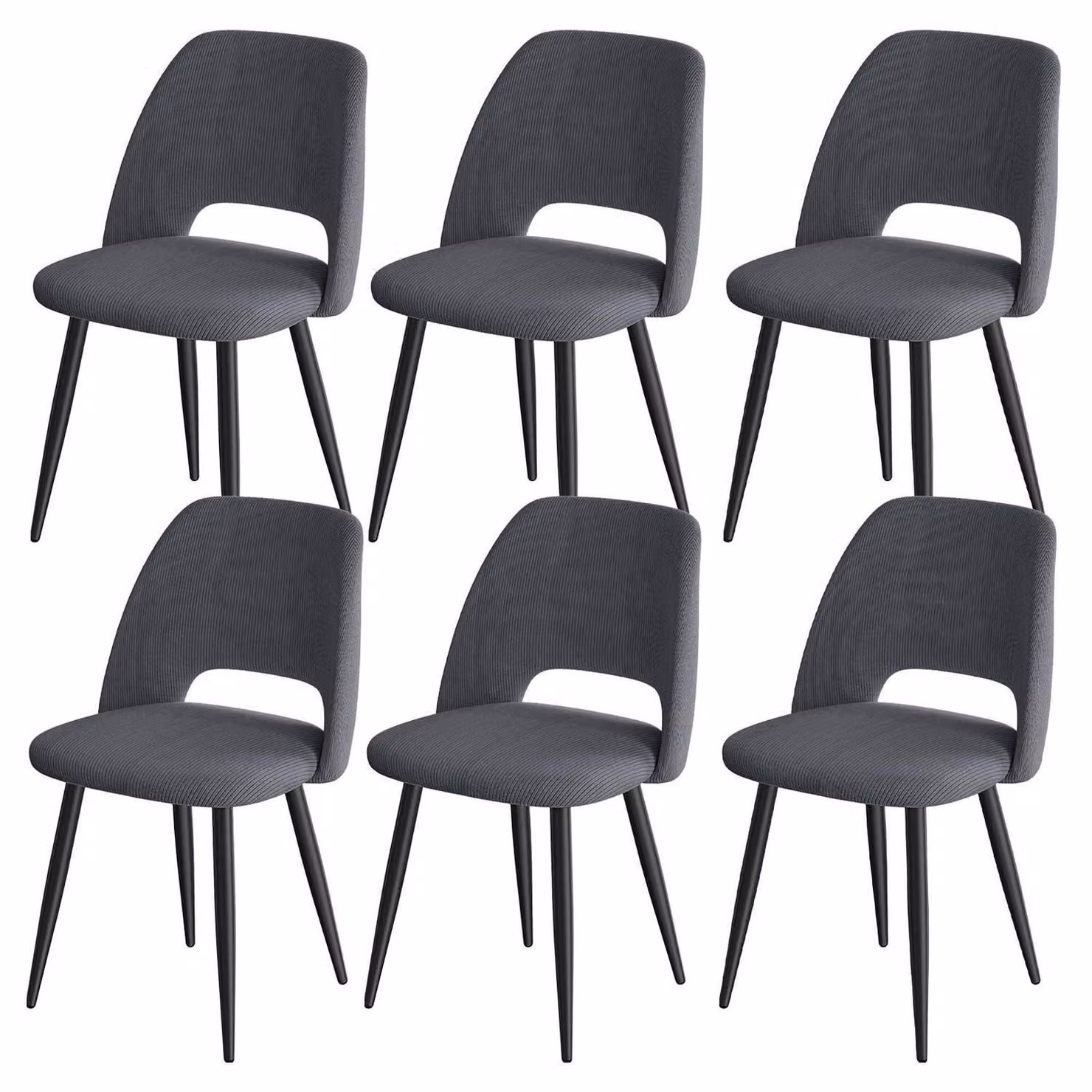 Set di 6 sedie da pranzo in tessuto cord con gambe in metallo, colore nero