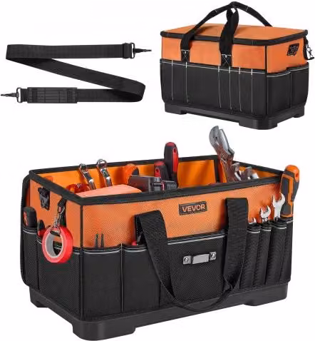 Borsa Portautensili VEVOR Arancione con 33 Tasche, Organizer Portatile in Poliestere con Base Rigida in Plastica e Tracolla Regolabile, L: 48,5 cm