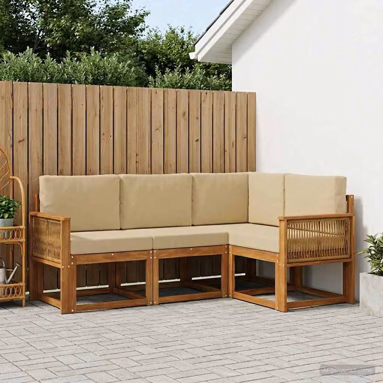 Set di divani da esterno vidaXL a forma di L composto da 4 pezzi in legno di acacia con cuscini beige e marrone
