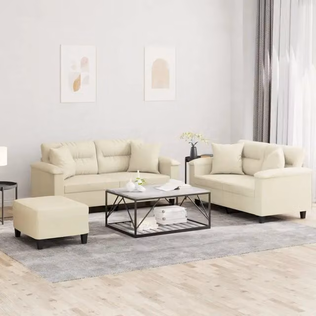 Set di divani 3 pezzi vidaXL in similpelle beige con cuscini per soggiorno in stile moderno