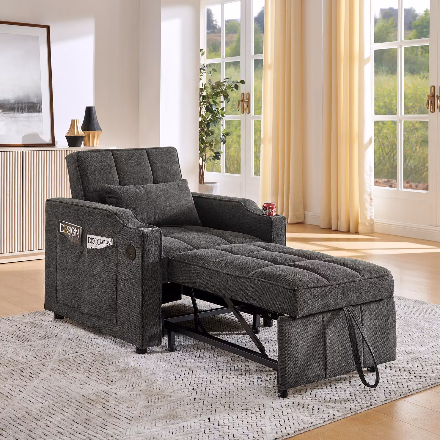 MODFU: Letto pieghevole, divano minimalista, divano a tre posti, sistema scorrevole, porta di ricarica USB, divano relax con funzione letto, ideale per piccoli appartamenti, colore grigio scuro