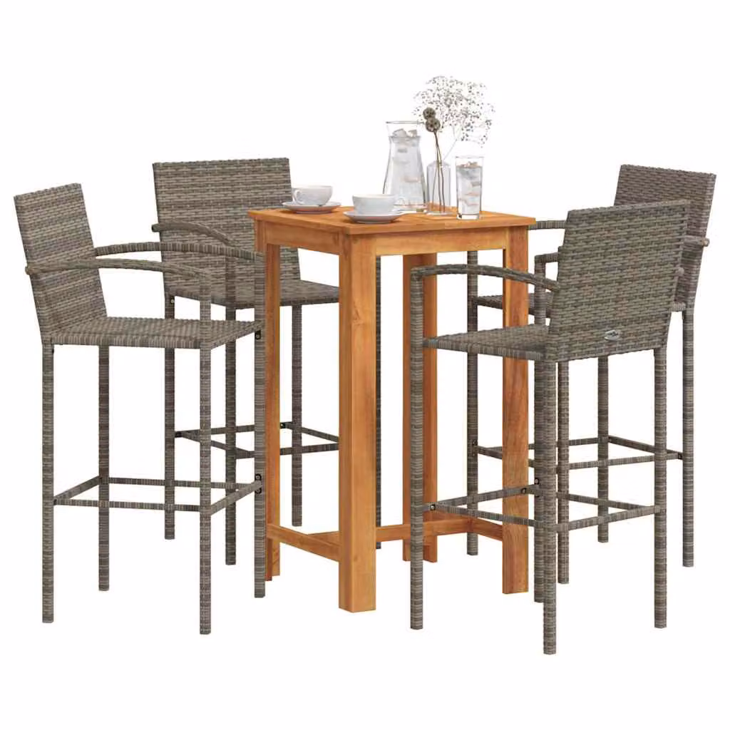 Set Bar da Giardino vidaXL in 5 Pezzi in Polyrattan e Legno di Acacia Grigio e Marrone