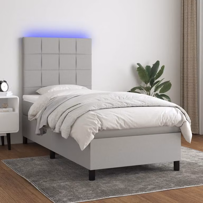 The Living Store Letto a molle con materasso e LED in tessuto grigio chiaro 90x200 cm