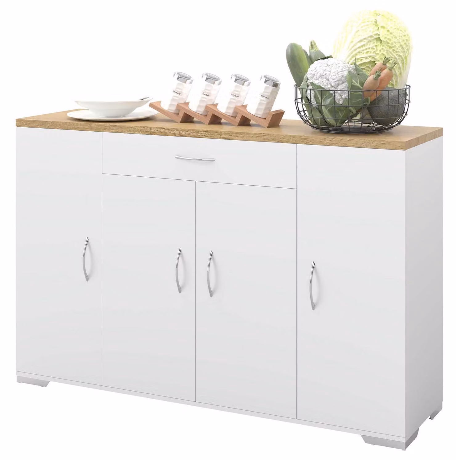 Mobiletto da cucina con piano di lavoro, 110 cm, bianco, in legno di faggio, con cassetti e ripiani