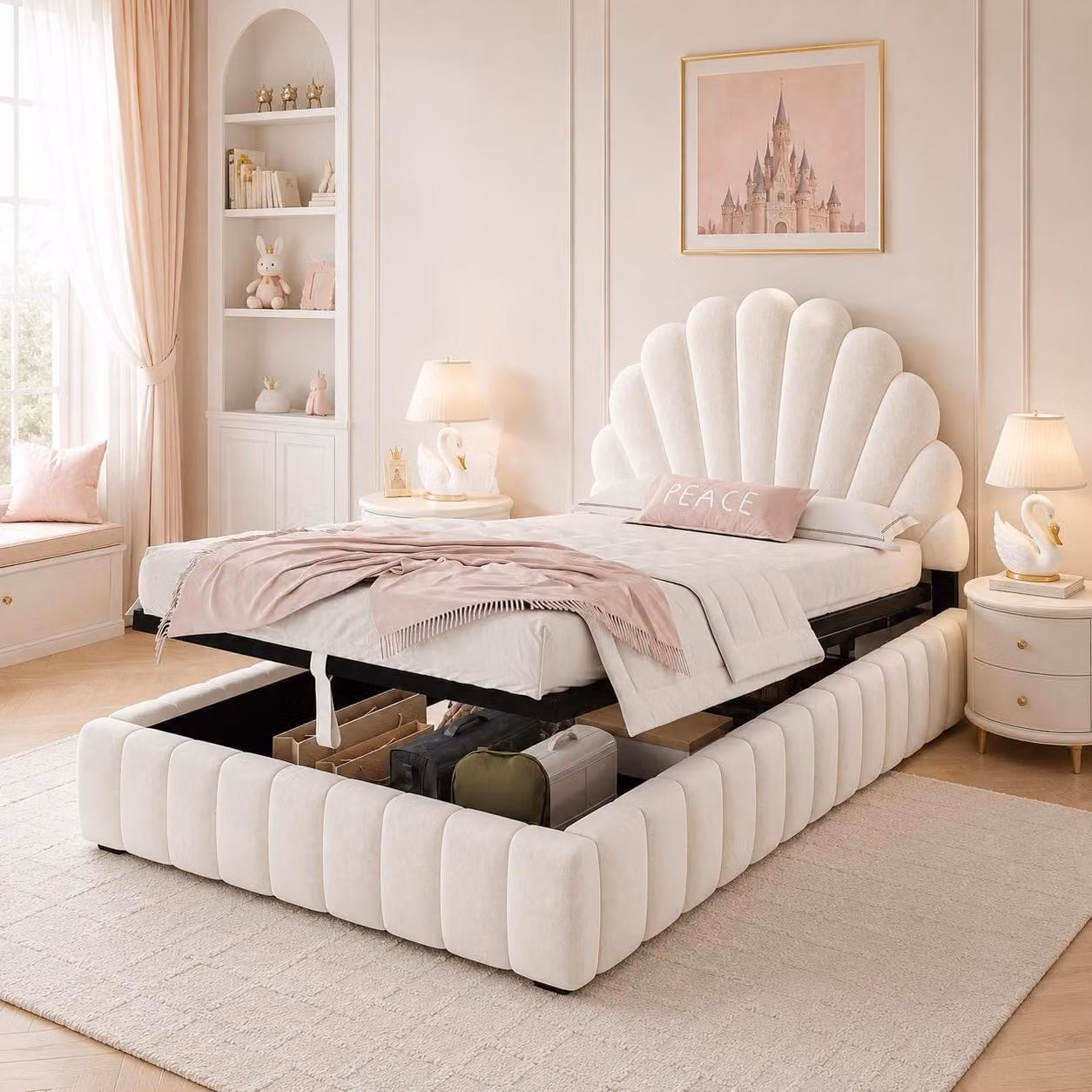 Letto imbottito Flieks 90x200 cm con testiera a forma di petalo, letto a scomparsa per bambini/ragazzi con spazio contenitore, letto singolo con rete a doghe, velluto, beige