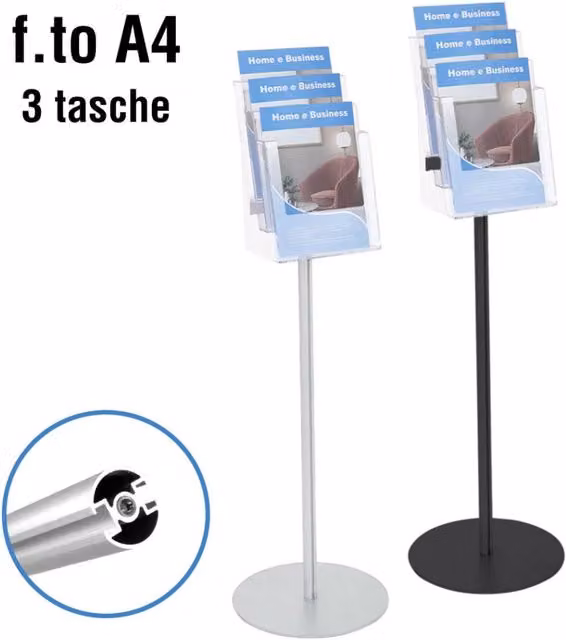 Portadepliant Top Eventi Store con 3 tasche A4 in metallo alluminio argento trasparente