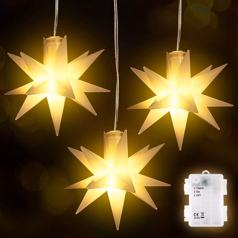 Set di 3 stelle LED 3D, luce bianco caldo, alimentazione a batteria, grado di protezione IP44, lunghezza 1,5 metri