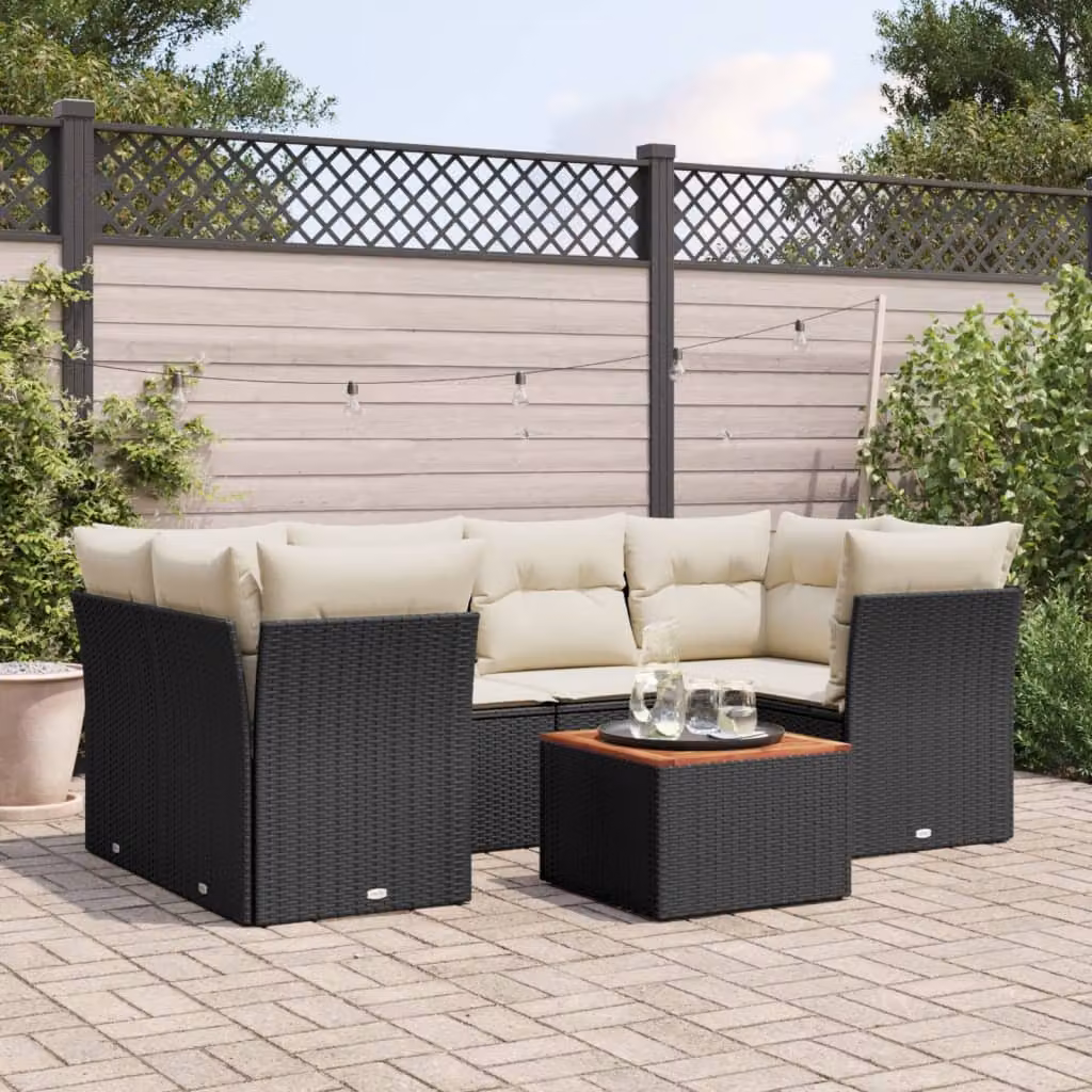 Set Divani da Giardino vidaXL a Forma di L con Tavolino e 7 Cuscini in Polyrattan Nero – 1