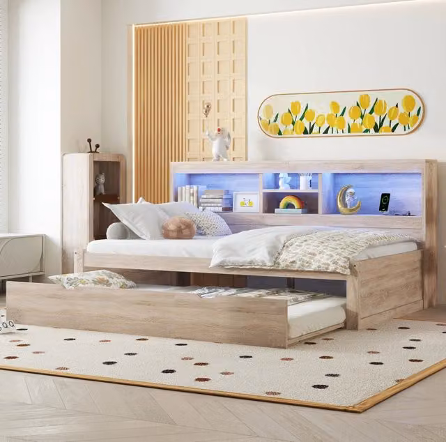 Letto 90x200 cm con letto estraibile; LED e presa USB in pannelli di particelle