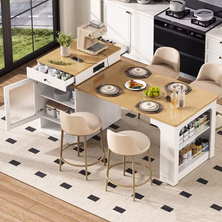 Isola cucina mobile bianca con ruote, tavolo da pranzo estendibile con piano removibile, bancone con prese elettriche, mobiletto e credenza