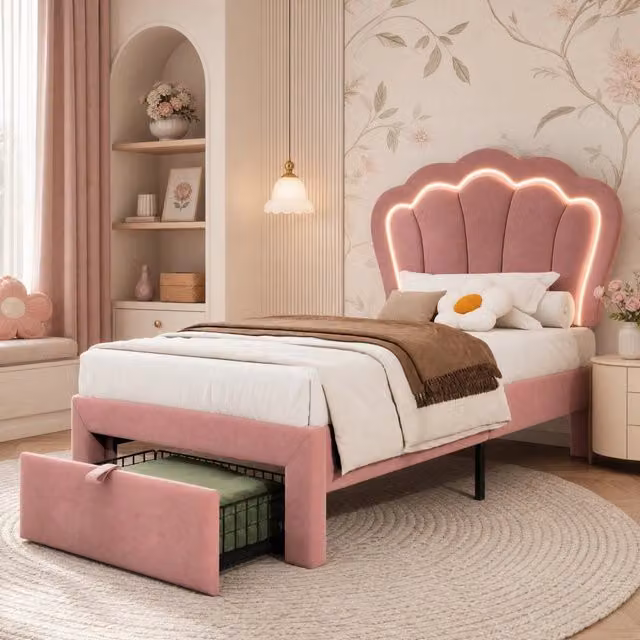 Struttura letto 90x200 cm rosa – LED, cassetto, testiera regolabile, senza materasso