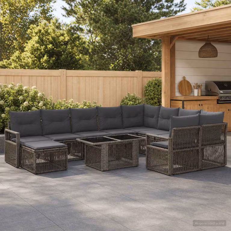 Set Divano da Giardino vidaXL 11 pezzi in Polyrattan Grigio e Antracite con Cuscini e Tavolino