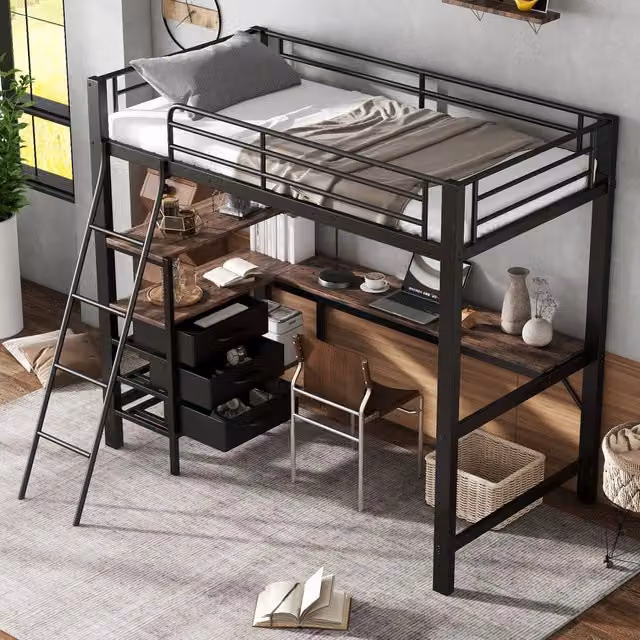 Letto a soppalco 90 × 200 cm 1 posto con scrivania da 200 cm, 3 cassetti e scala inclinata, senza materasso, nero