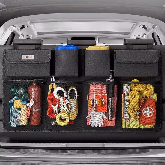 Organizer per bagagliaio - Serie da 4 pezzi - Versione potenziata per una maggiore capienza - Robusto carrello in rete elastica - Borsa per bagagliaio