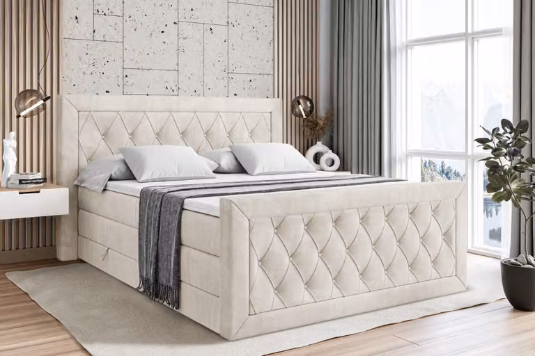 Letto boxspring ALTDECOR con materasso e rete a doghe, topper, pediera, letto imbottito con contenitore, letto con vano portaoggetti, materassi H3 e H4, letto matrimoniale, letto boxspring - NOEL-Z KING - 180x200 - Velluto beige