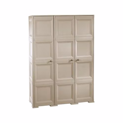 MA MAISON Armadio in Plastica 118 x 43 x 164 cm con 3 Ante, Vano Portascope e Puntali – Mobile Alto Salvaspazio per Ingresso e Balcone Coperto (Taupe)