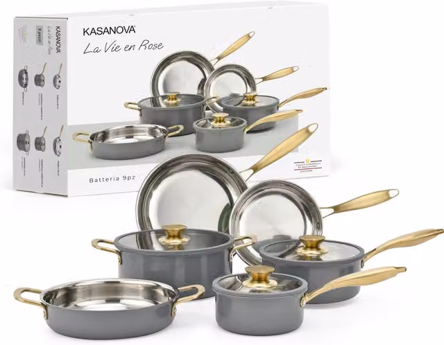 Set di pentole e padelle La Vie en Rose KASANOVA in acciaio inossidabile e alluminio, 9 pezzi, grigio e oro