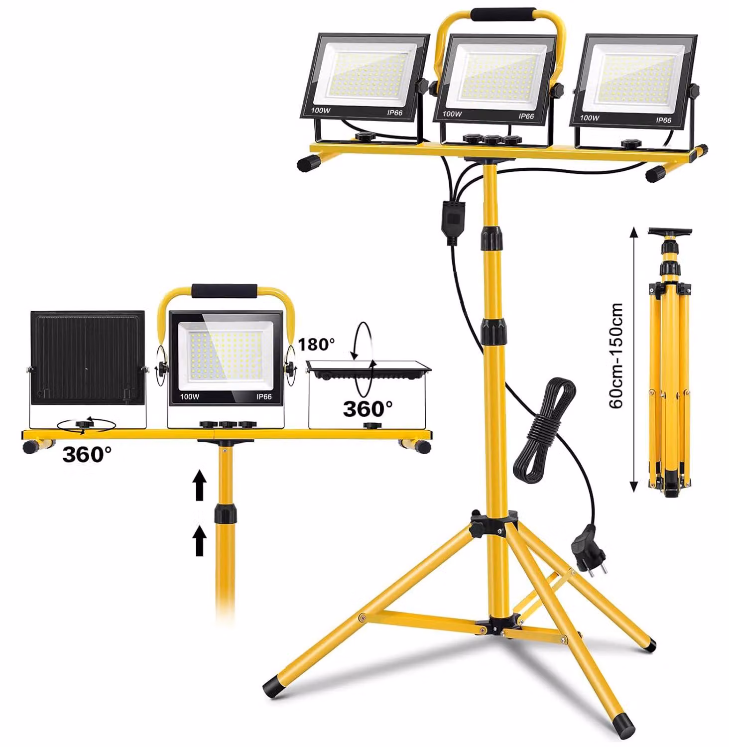 Luci da lavoro, estremamente luminose, design impermeabile, 3 lampade da 100W, potenza totale 300W