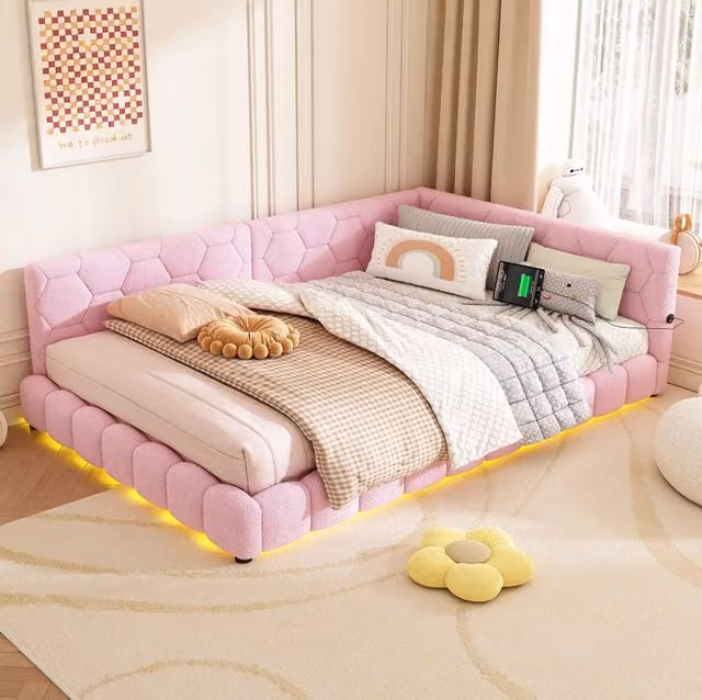 Divano letto rosa 140x200 cm con LED 16 colori, USB e USB-C