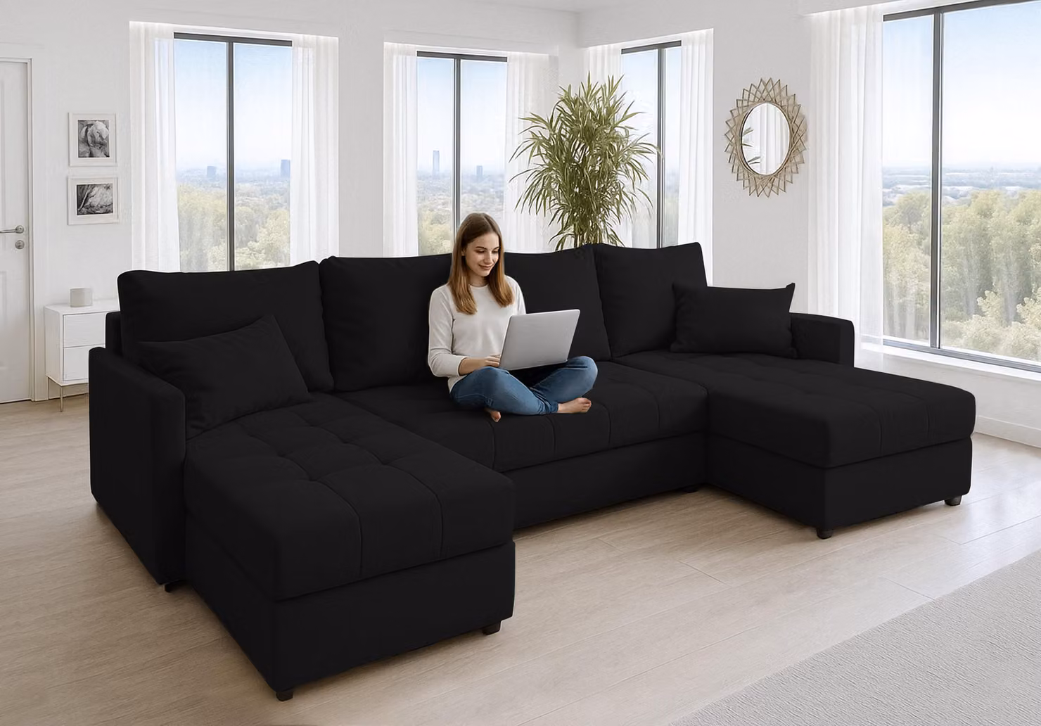 AX LIVING Divano angolare grande Dolceo 287 cm - Divano nero con funzione letto e pouf