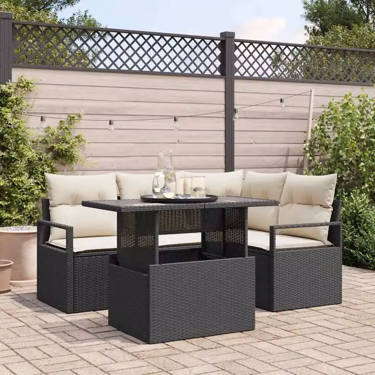 Set Divano da Giardino vidaXL 5 Pezzi Moderno in Polyrattan con Tavolino e Cuscini Nero e Beige