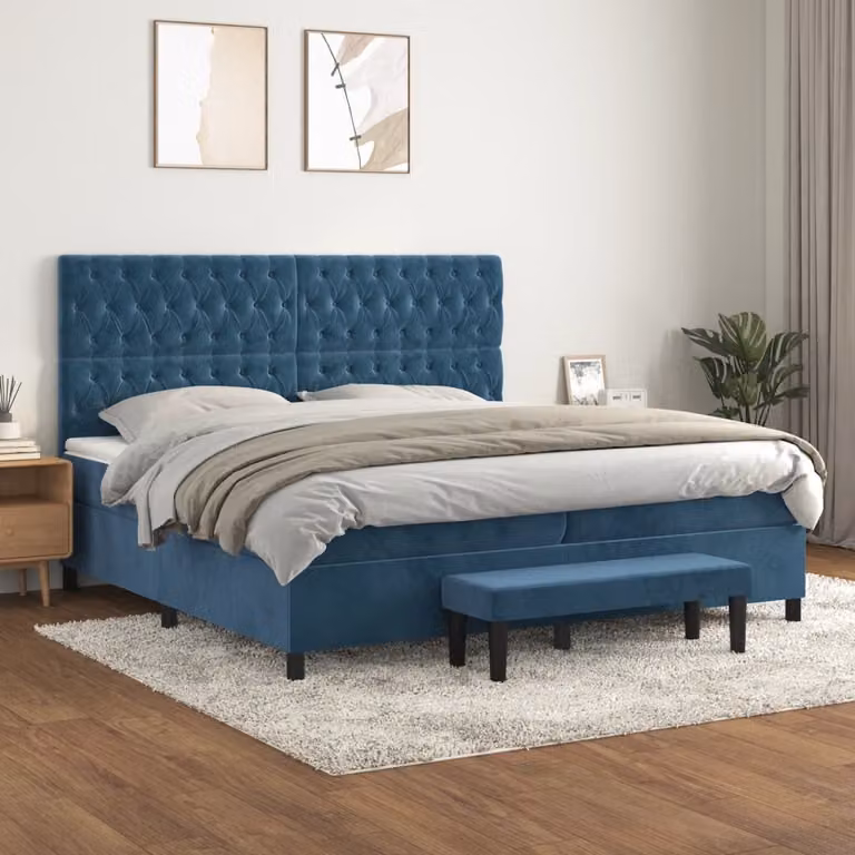 The Living Store Letto a molle con materasso blu scuro 200x200 cm in velluto