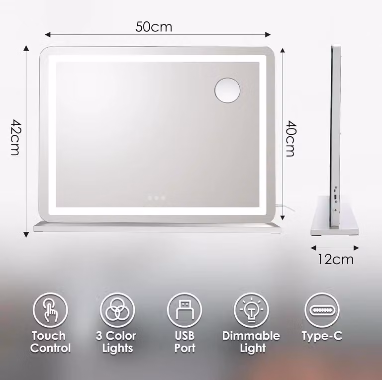 Specchio per il trucco - Hollywood con illuminazione - 50 x 40 cm - 3 temperature di colore - USB e USB-C - specchio con ingrandimento 10x - acciaio inossidabile - giallo
