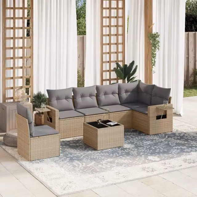 Set Divani da Giardino 7 pz con Cuscini Beige in Polyrattan 3220238