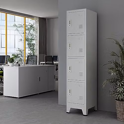 [en.casa] Armadio Spogliatoio Mobile a Colonna in Acciaio 180 x 38 x 45 cm Scomparti con 4 Ante Chiusura a Chiave e Targhetta - Grigio