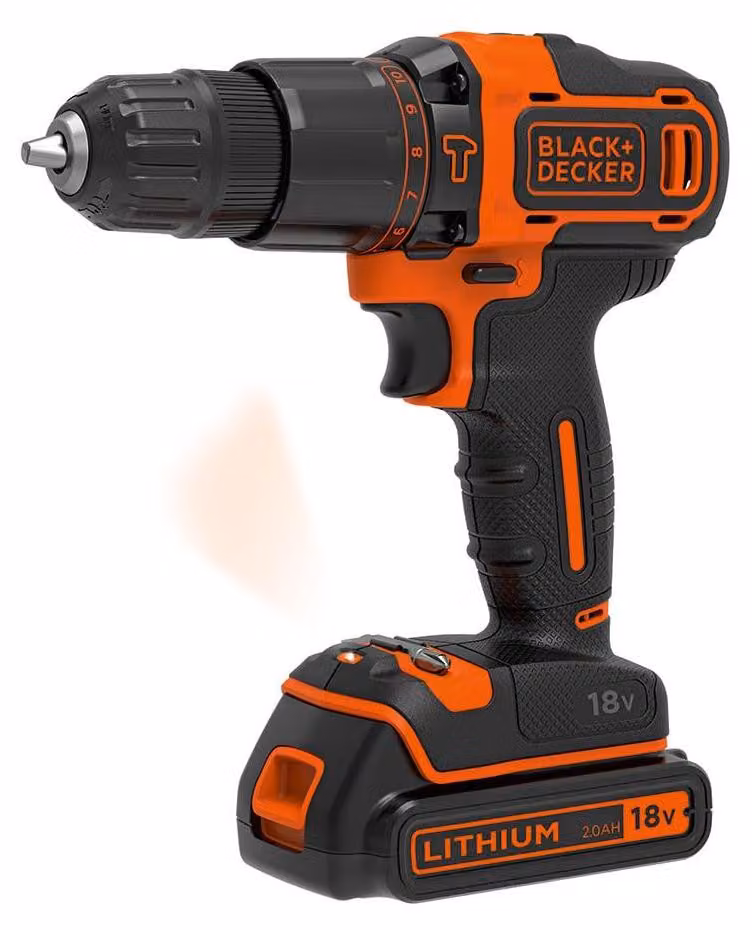 Trapano avvitatore a batteria BLACK+DECKER, 18 V, 2 batterie da 1,5 Ah, caricabatterie da 400 mA, kit in valigetta, modello BDC