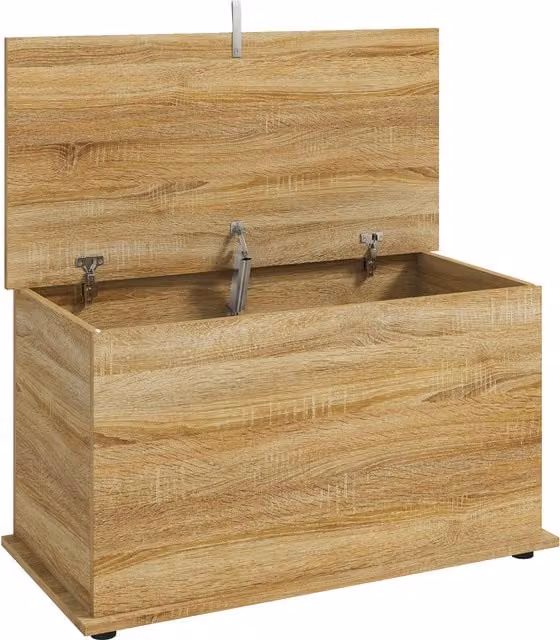 Cassapanca contenitore HOMCOM in legno color rovere con coperchio e cerniere di sicurezza, L 80 x P 40 x H 45 cm