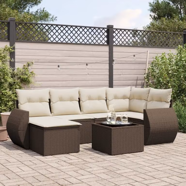 Set di divani da giardino vidaXL in 7 pezzi con cuscini marroni e bianchi in polyrattan con struttura in metallo e design moderno a L