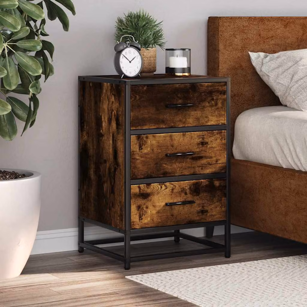 Comodino moderno vidaXL in legno multistrato e metallo, colore Rovere Fumo, L 40 cm x P 34,5 cm x H 60 cm