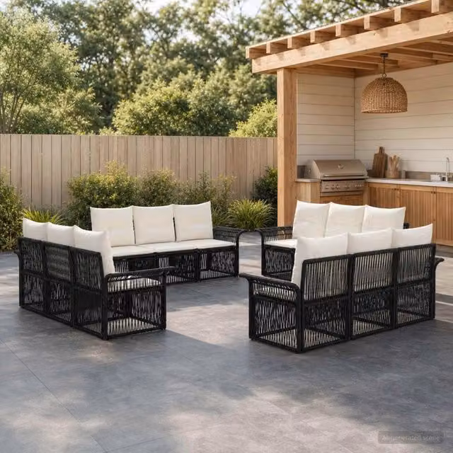 Set Divano da Giardino a Forma a U vidaXL Nero con Cuscini e Rivestimenti Rimovibili – 1