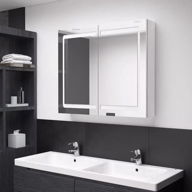 Armadietto Bagno con Specchio e LED-Mobile bagno con specchio Bianco Lucido 80x12x68 cm