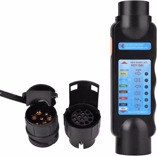 Tester per prese e spine da 12 V a 7-13 poli con rilevatore a 7 conduttori e testine commutabili per auto e rimorchi.