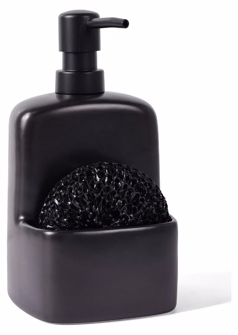 Distributore di sapone in Vetroceramica nera, capacità 600 ml, con portaspugna, ideale per cucina e bagno