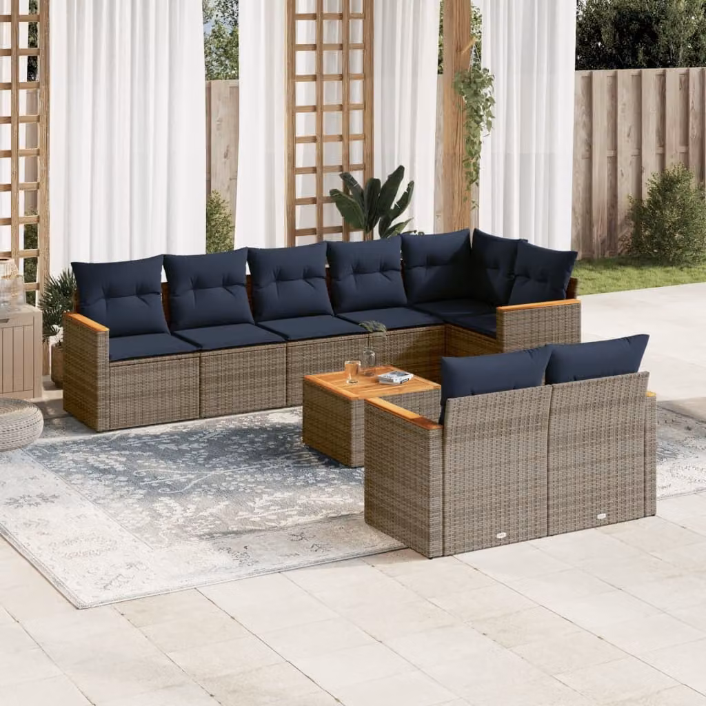 Set Divani da Giardino vidaXL 9 pz in Polyrattan con Cuscini e Tavolino, Design Moderno a L, Grigio e Blu