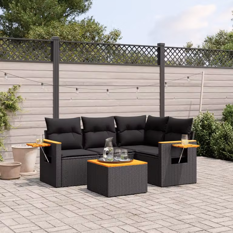 vidaXL Set Divani da Giardino 5 pz a Forma a L con Cuscini in Polyrattan e Legno di Acacia Nero