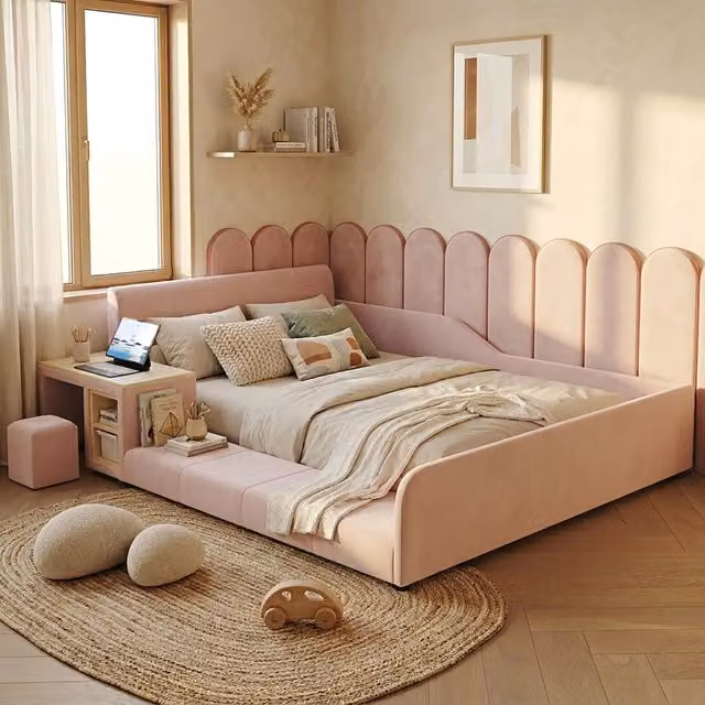 Letto imbottito REDOM per bambini in velluto rosa con ripiani laterali L/P/H: 200 x 140 x 69 cm