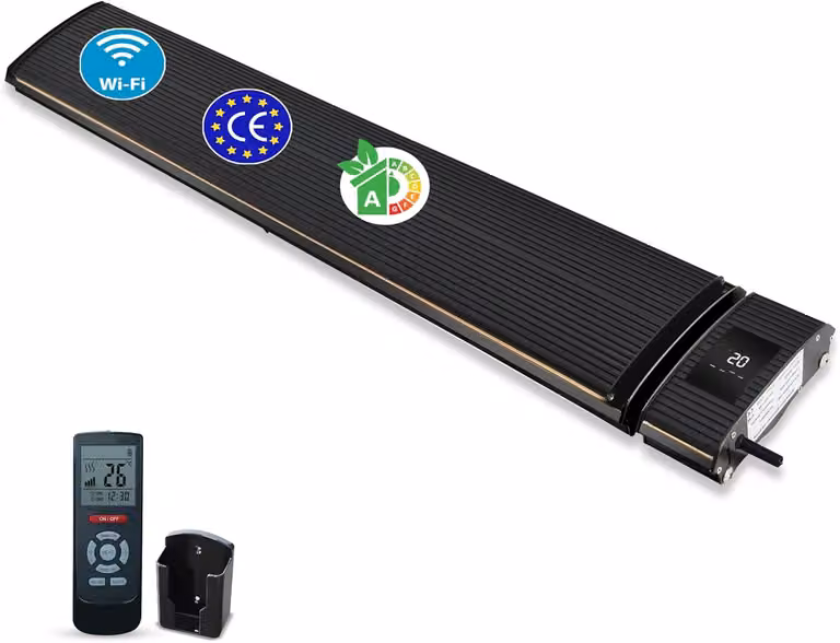 Riscaldatore da esterno a infrarossi da 1800 o 2400 Watt - Radiatore per patio nero con Wi-Fi - Dimensioni: 165 x 18 x 7,3 cm