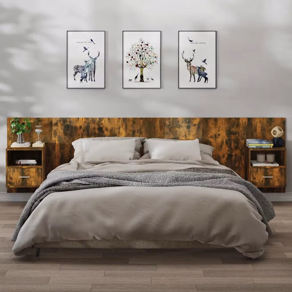 Set di 2 comodini da muro vidaXL in stile industriale, colore Rovere Fumo