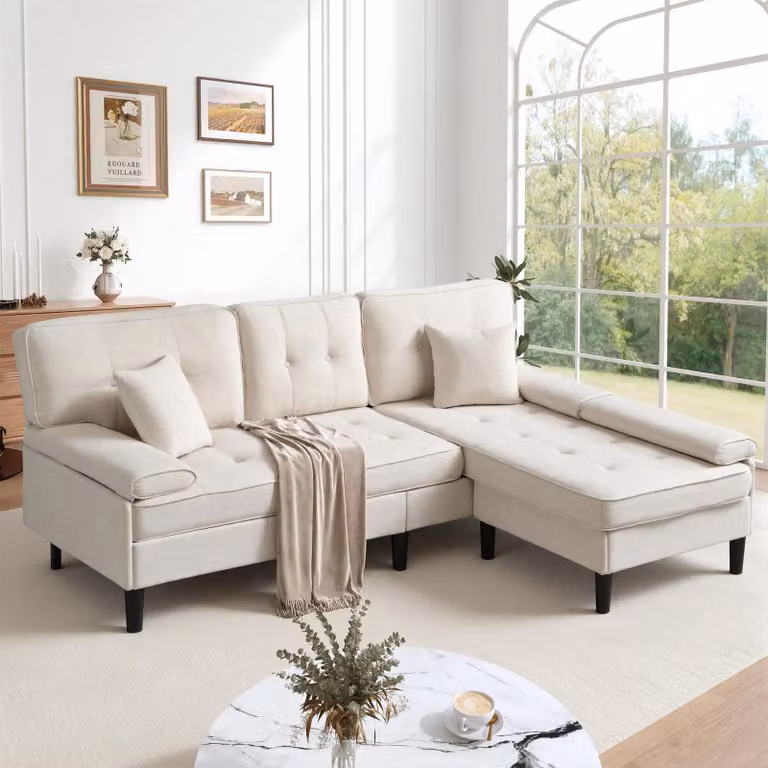 Divano ad angolo a L Merax con funzione letto, divano a 3 posti in ciniglia con poggiapiedi mobile, divano chaise longue modulare con struttura in legno massello, beige