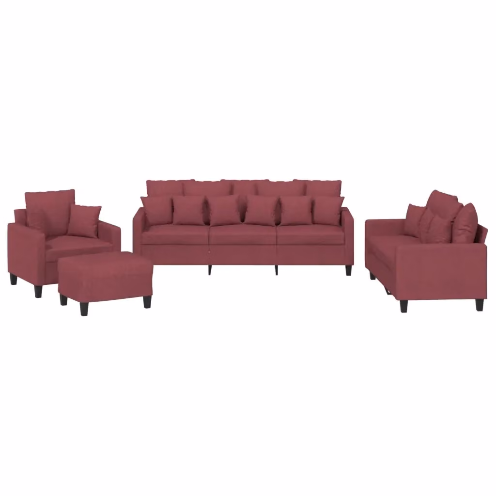 vidaXL Set di Divani Moderno 4 Pezzi in Tessuto Rosso con Cuscini e Pouf – 2