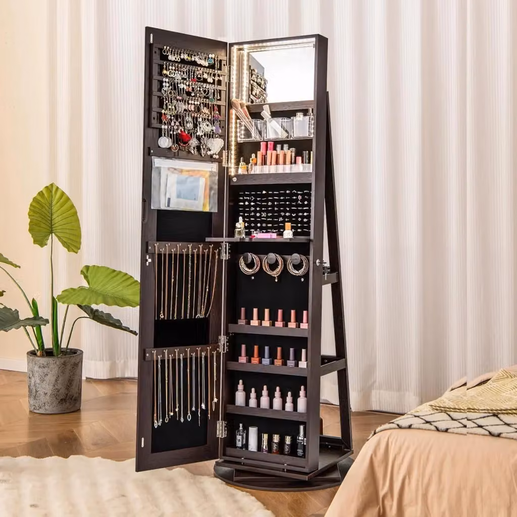 Armadietto Portagioie Girevole COSTWAY con Specchio e Luci LED a 3 Colori, Organizatore da Terra con Serratura e Ripiani, Marrone Scuro, H 161 x L 54,5 x P 54,5 cm – 2