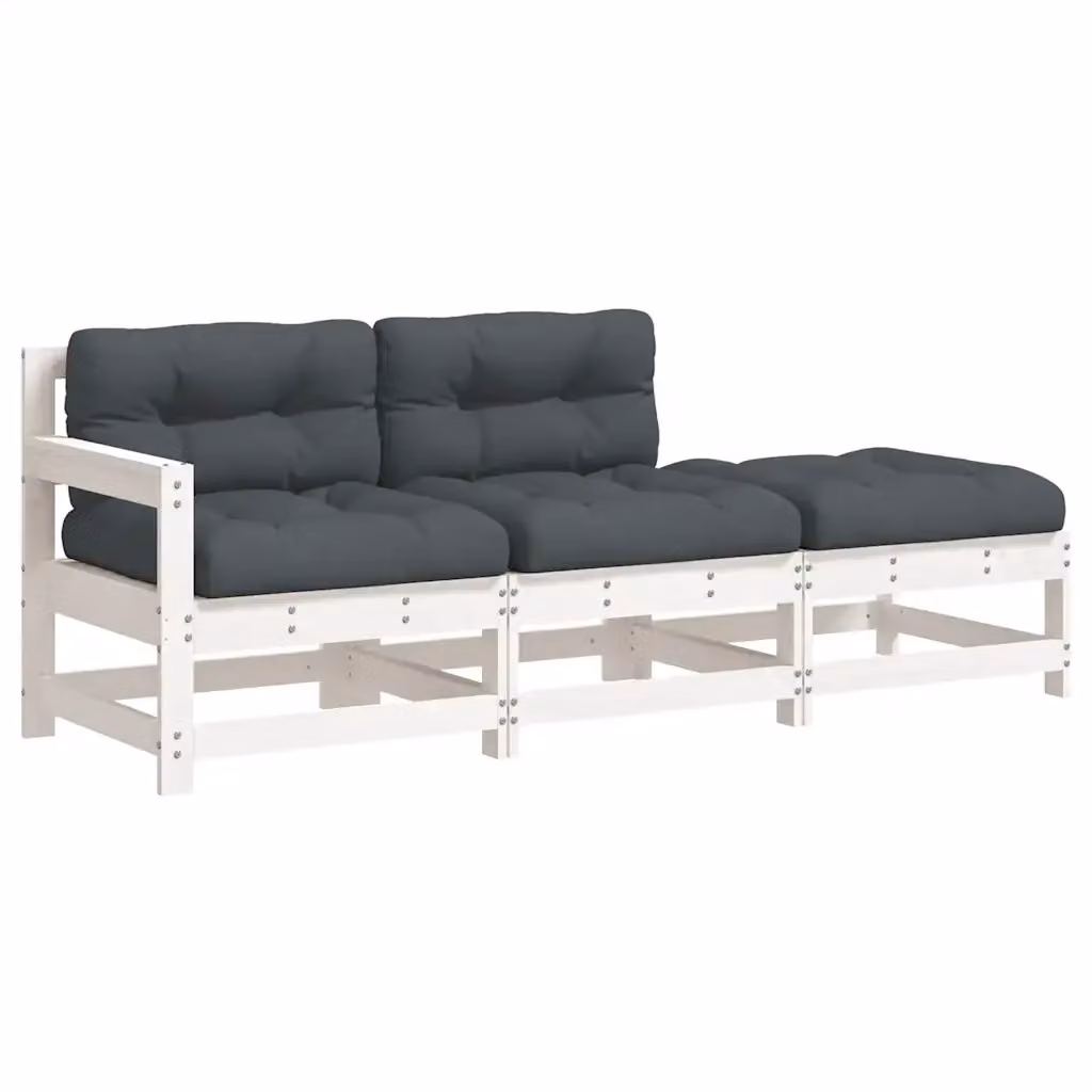 Set di Divani da Giardino vidaXL in Legno Massello di Pino con Cuscini, Stile Rustico, Colore Bianco – 2